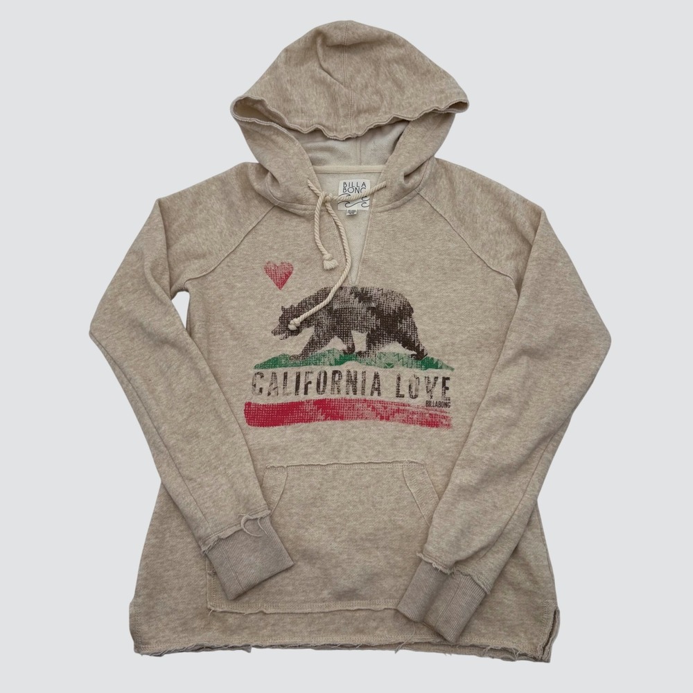 Billabong California Love Bear Graphic Hoodie Beige Raw Hem Medium